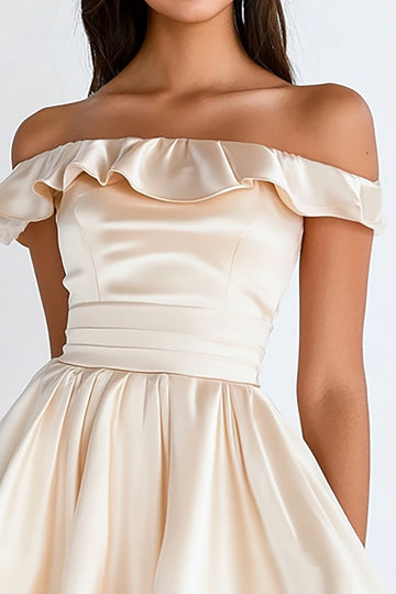 Off The Shoulder A Line Satin Champagne Mini Dress